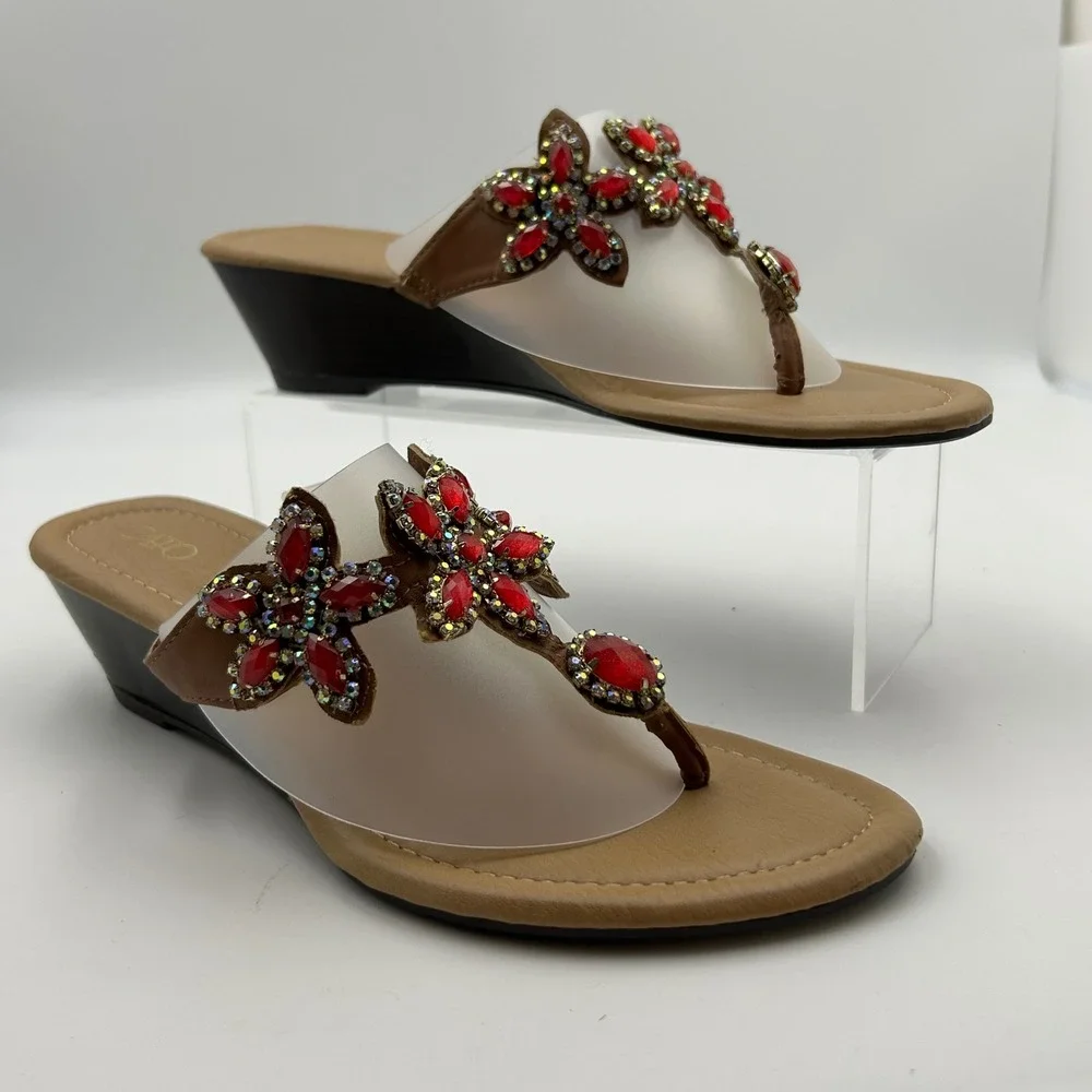Cato Wedge Sandals Womens 8 Tan Red Jeweled Floral‎ Thong Boho Glam 36571875